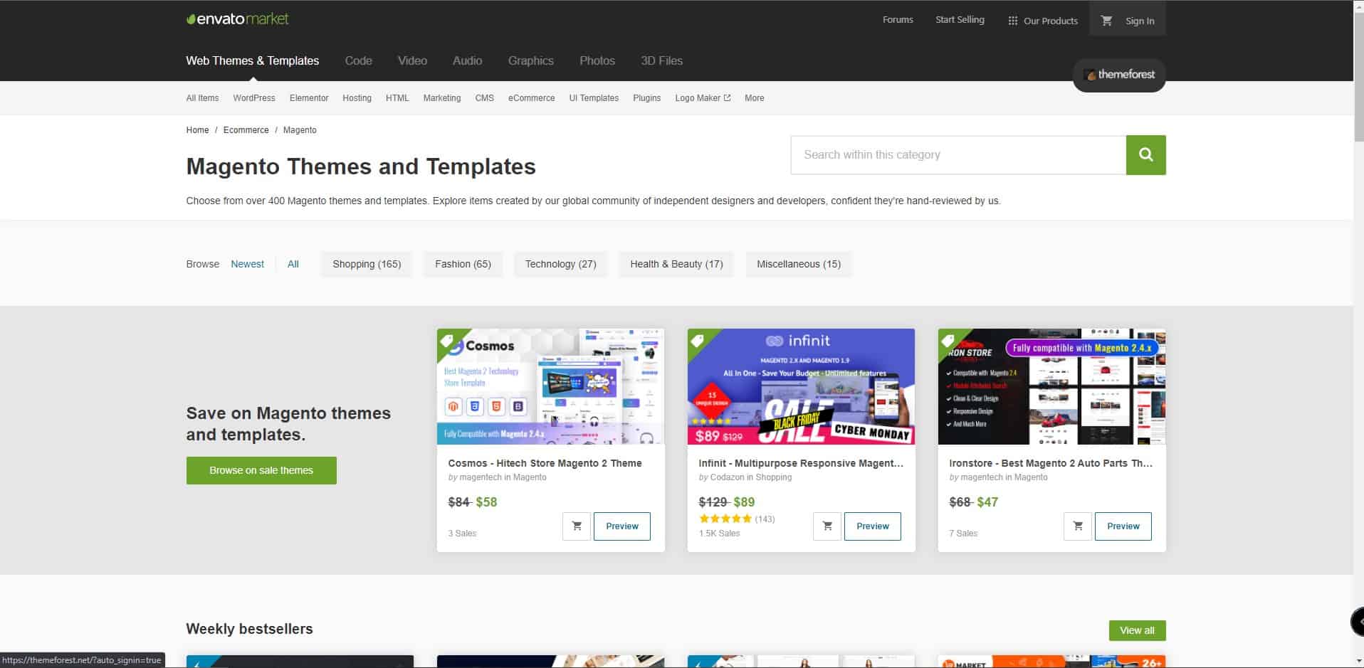 A website showing themes and templates for Magento