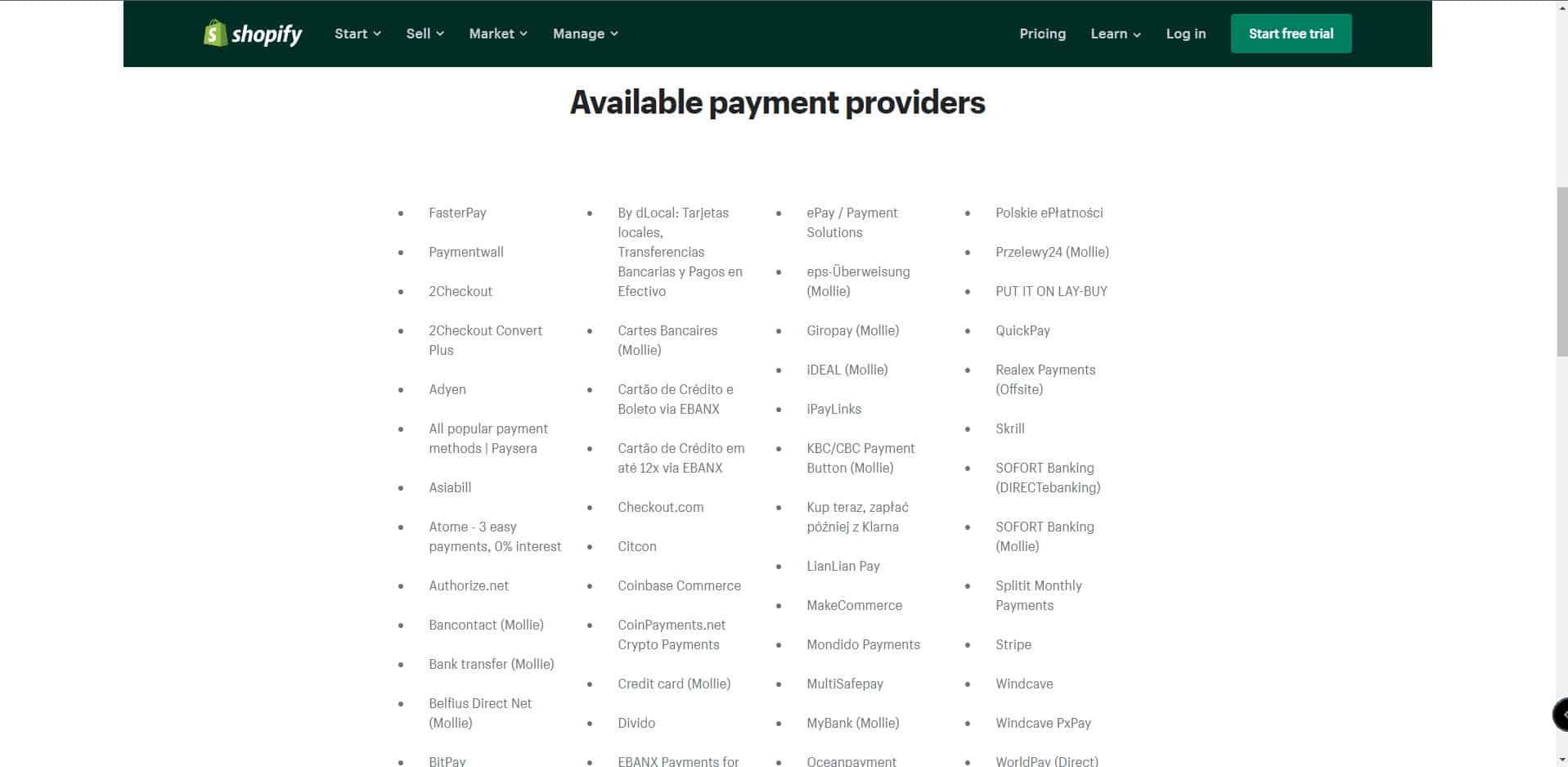 A subsite showing the possible payment providers for Shopify