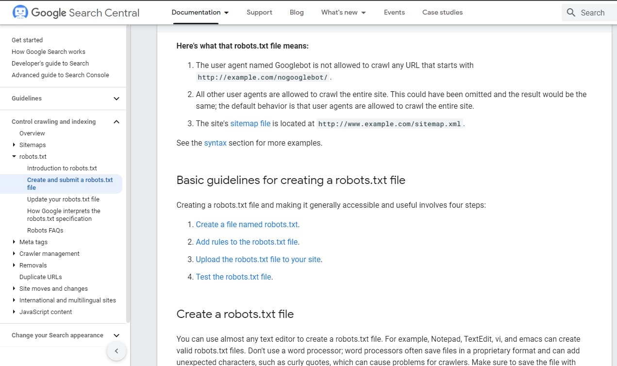 Google Search Central website with info on the robots.txt file