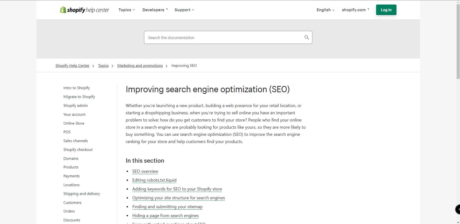 Shopify help center page with details about search engine optimization