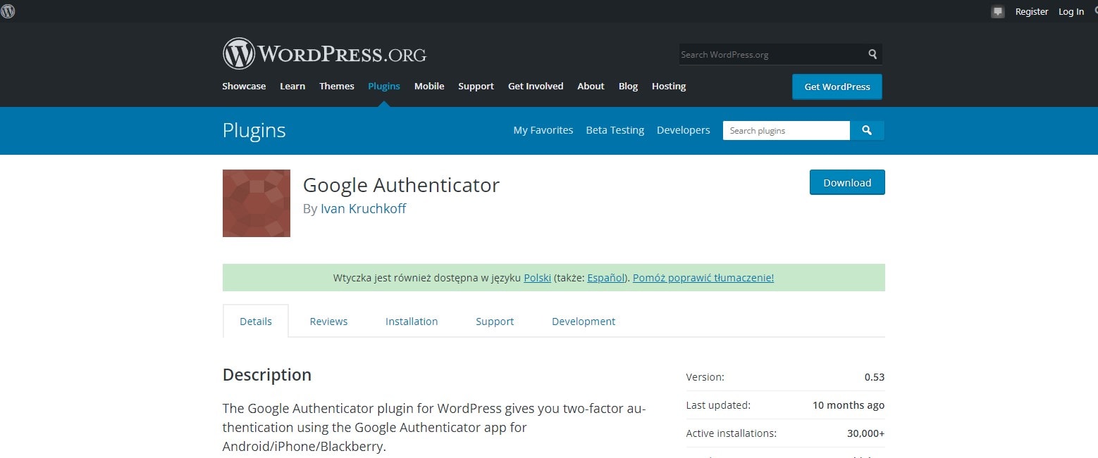 The subsite of the Google Authenticator WordPress Plugin with a description of the plugin