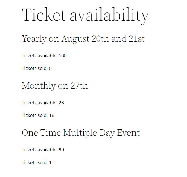 Table showing ticket availability