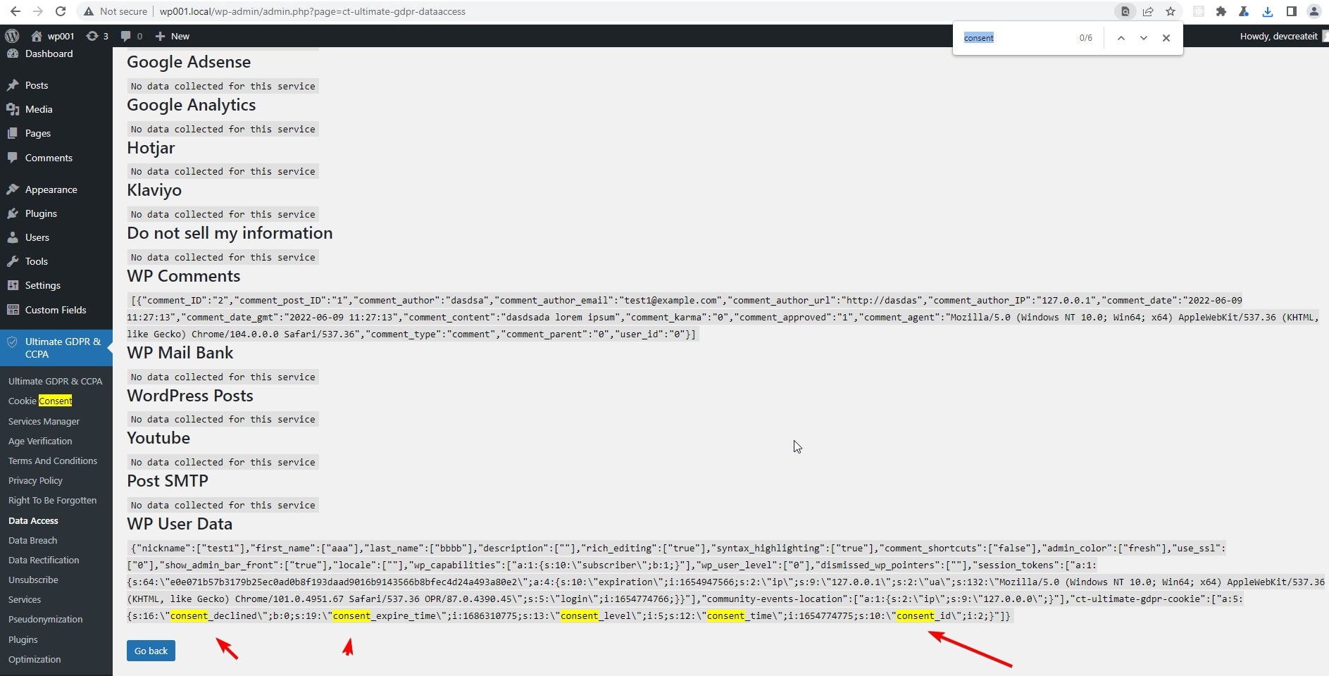 WordPress dashboard Ultimate GDPR & CCPA options with code fragments