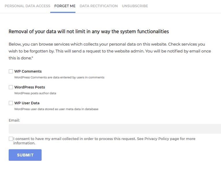 Data removal form with black text over white background, checkboxes and a submit button