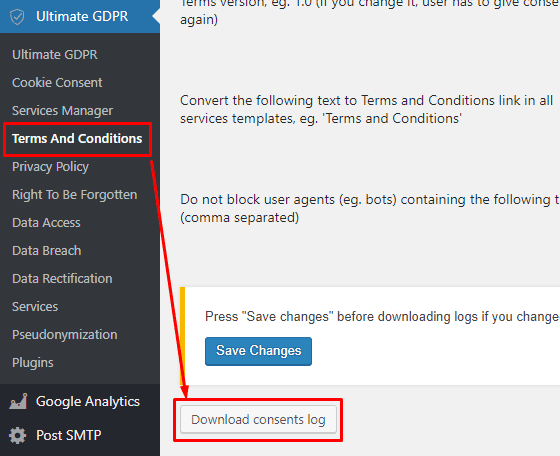 WordPress dashboard Terms and Conditions options