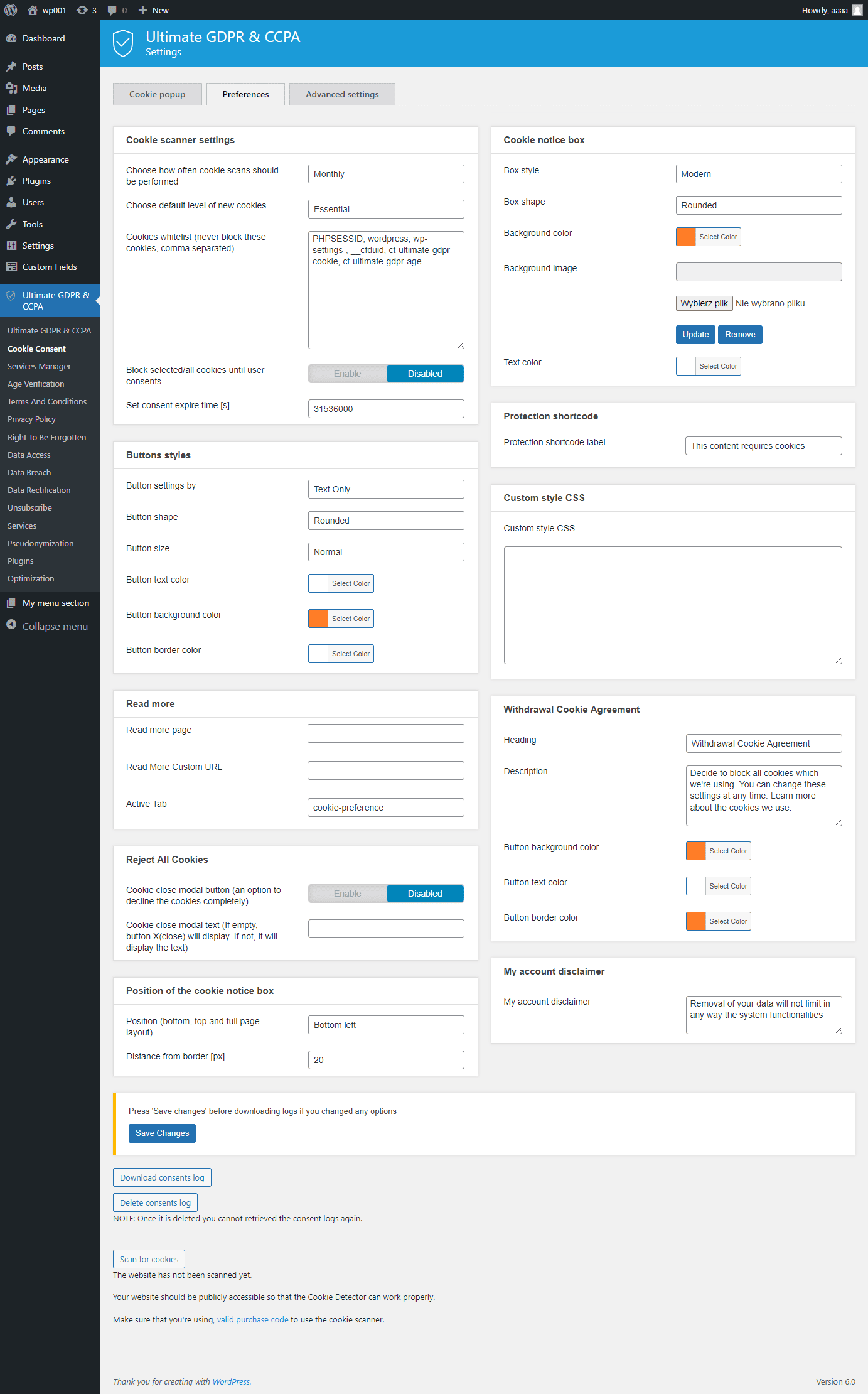 WordPress dashboard Ultimate GDPR & CCPA options panel