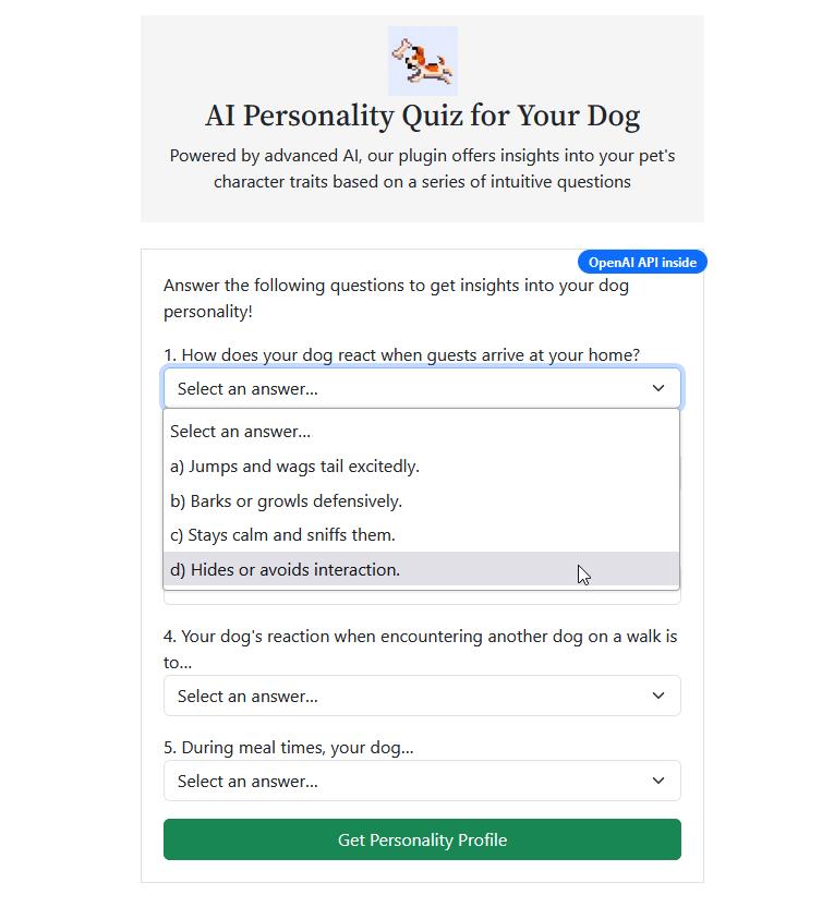 A webpage with a form including selectable text and an image of a dog chasing after a bone