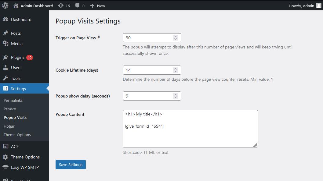 Wordpress dashboard with text and fillable forms