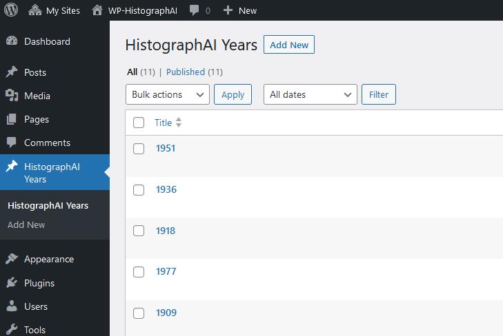 WordPress panel with years and tick boxes
