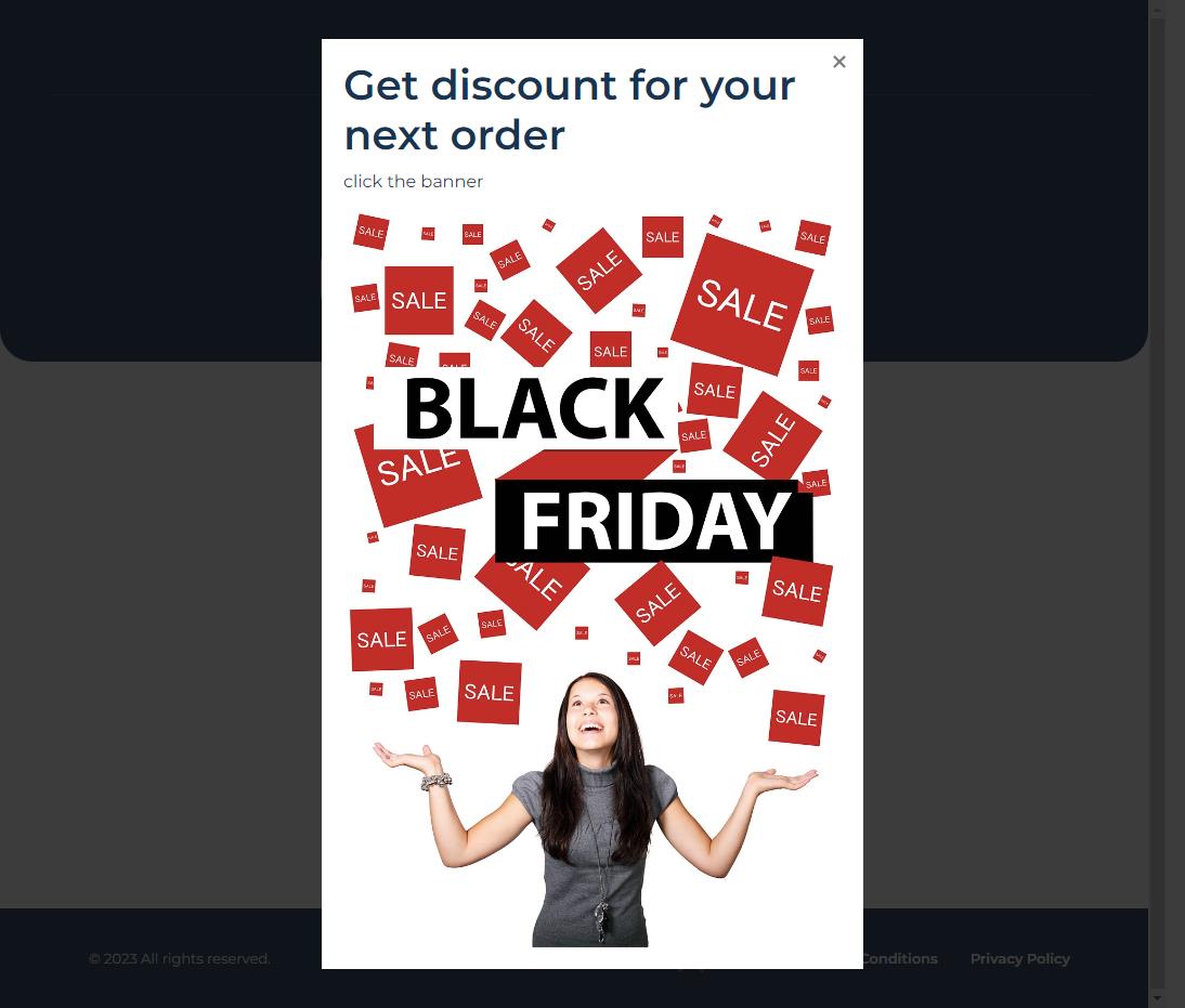 An advert with text and an image of a woman with sale signs floating above her head
