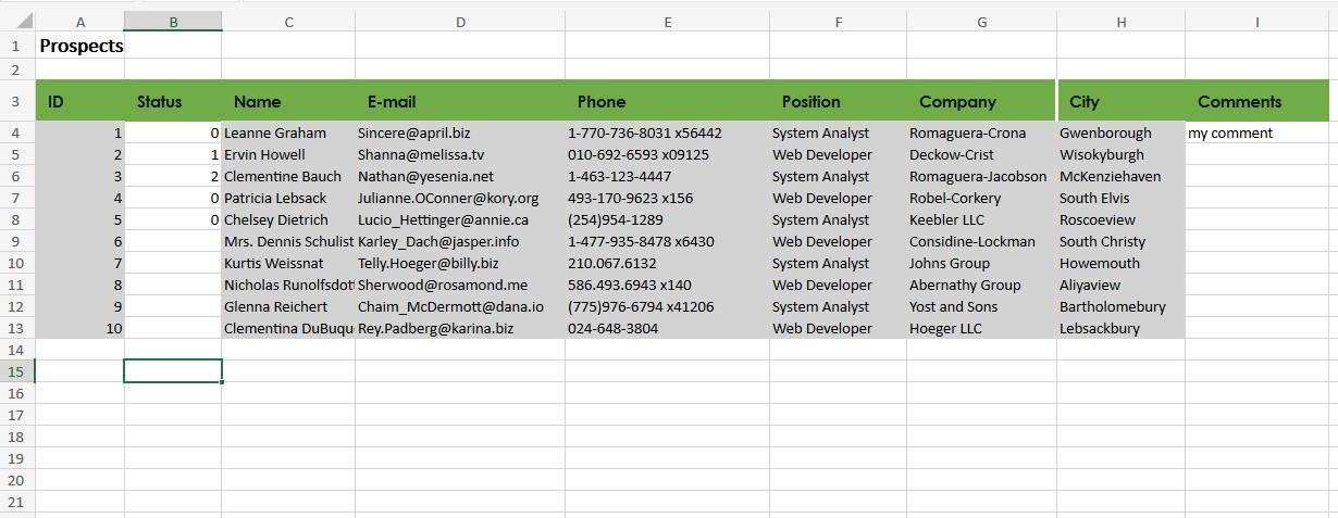 Excel table with kolumns of data