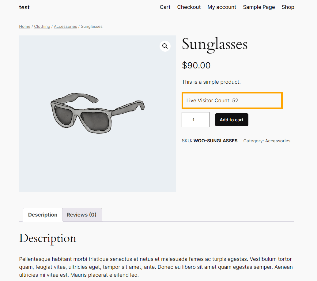 a product page with an image of sunglasses and product description