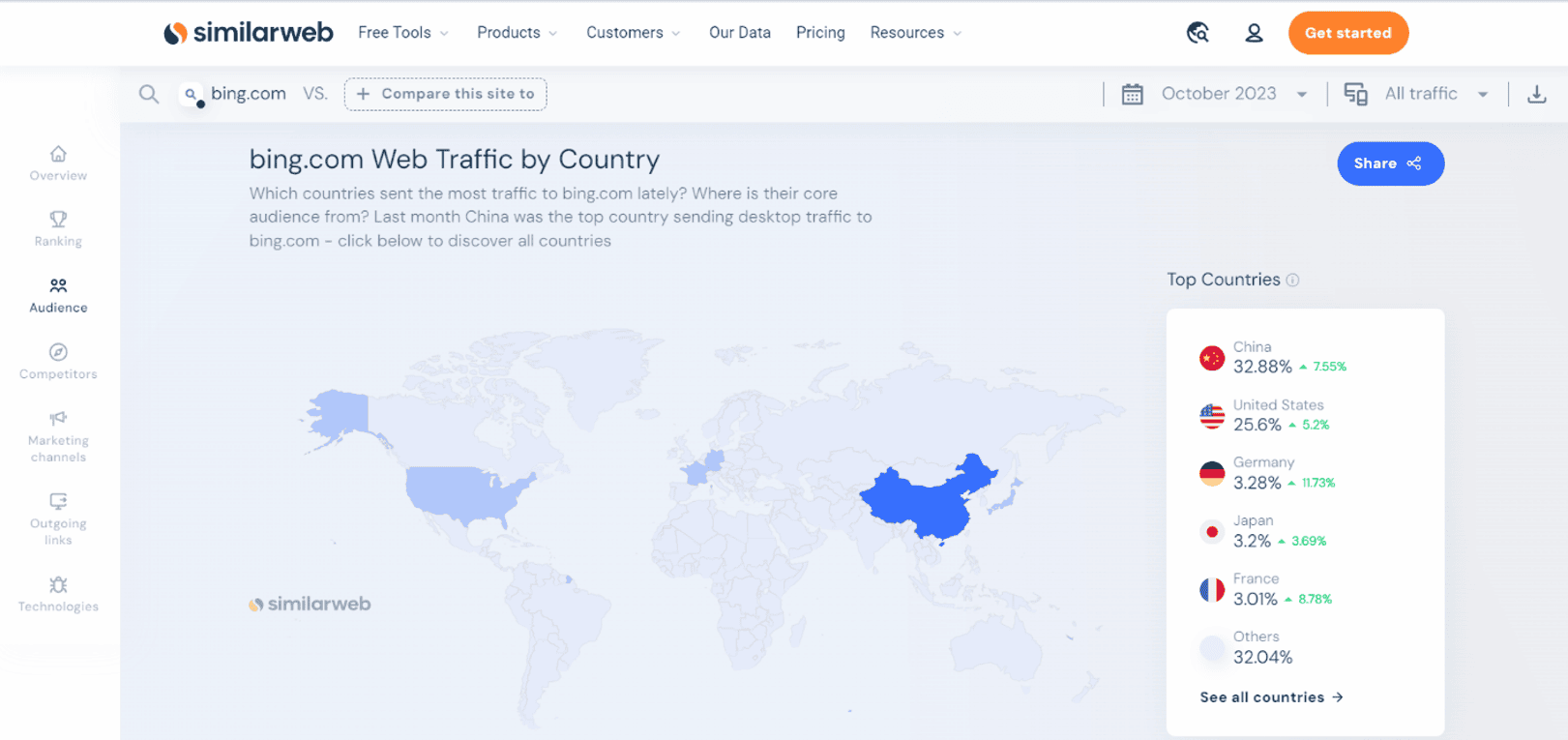 A website showing a map of the world with statistics and text