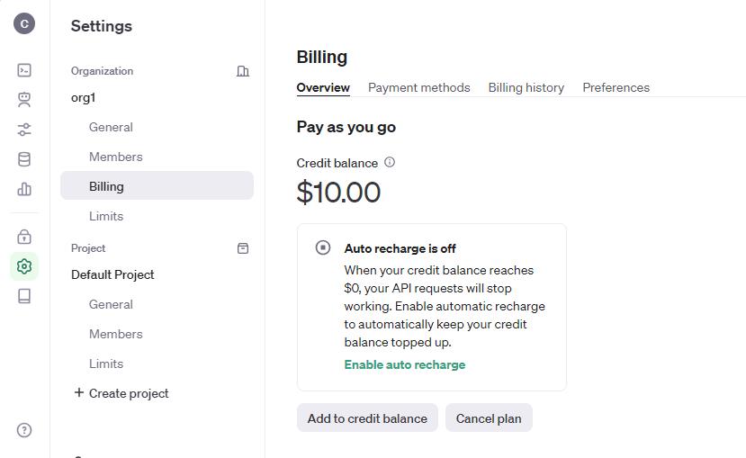 chat gpt billing balance screenshot