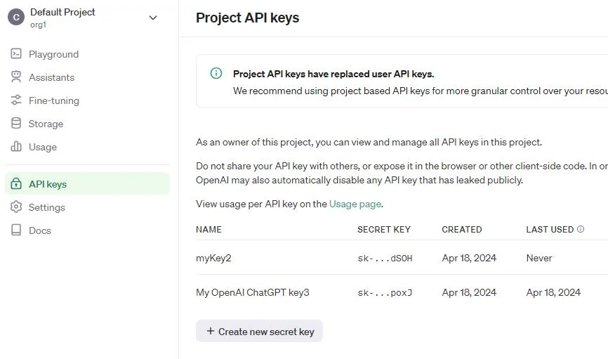 chat gpt api keys screenshot