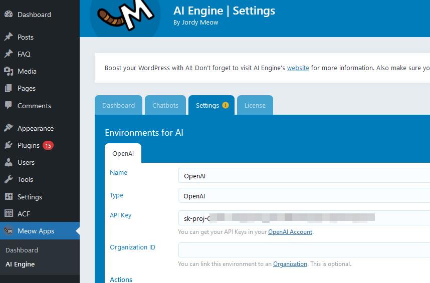 ai engine wordpress plugin settings